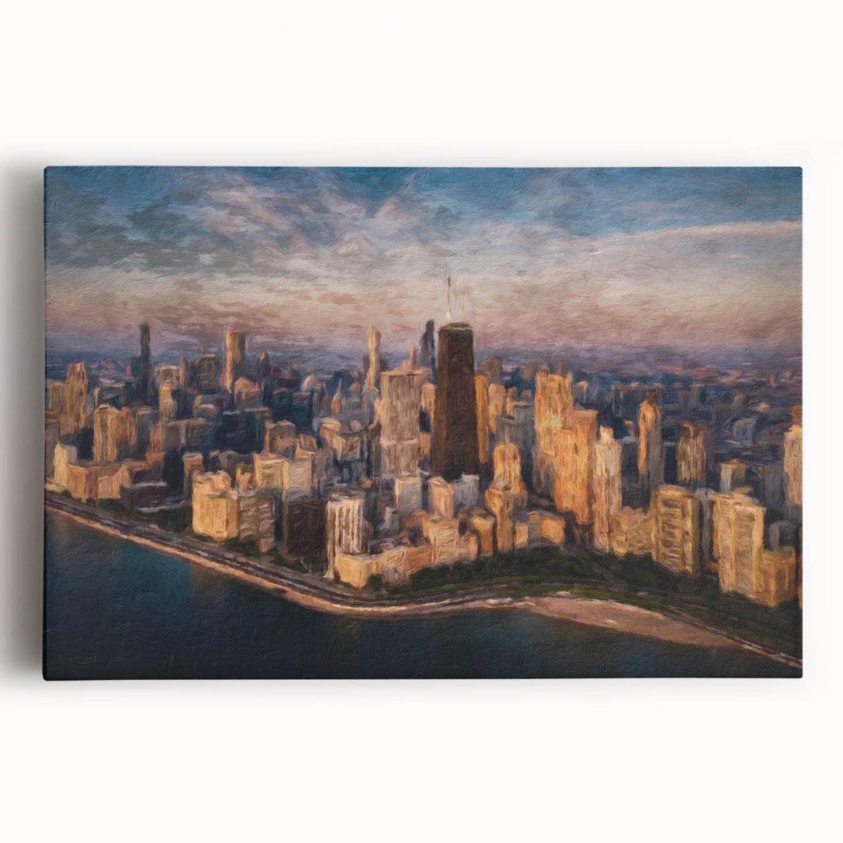 Black and white large art print of Chicago skyline on stretched canvas, suited for kitchen wall art.