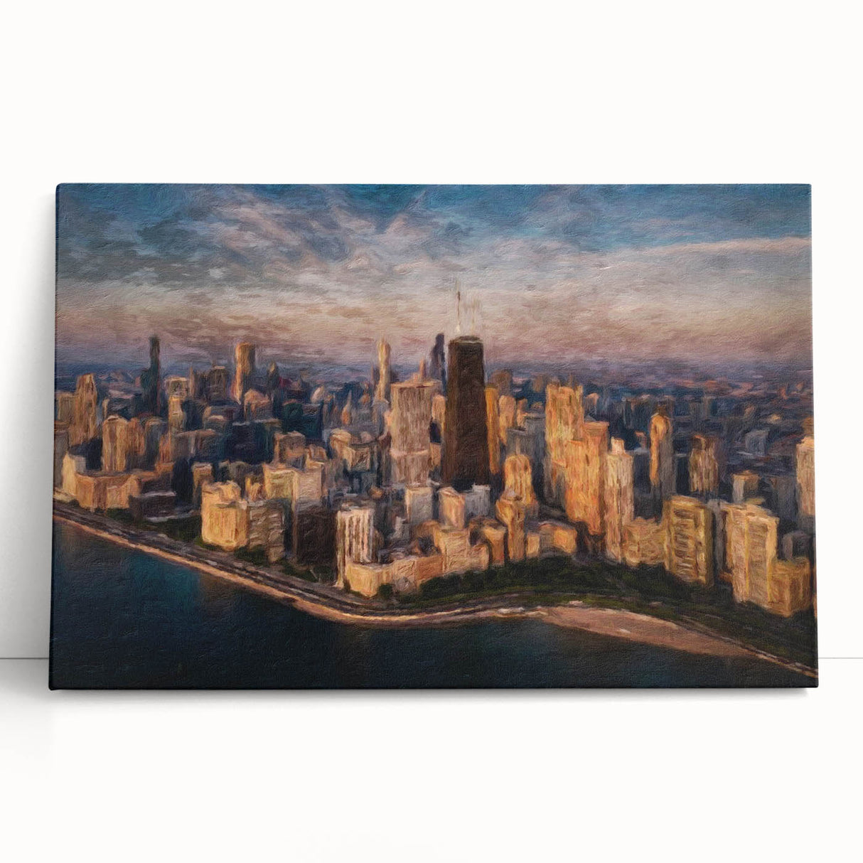 Black and white stretched canvas of Chicago skyline, ideal for kitchen wall art or bedroom ambiance.