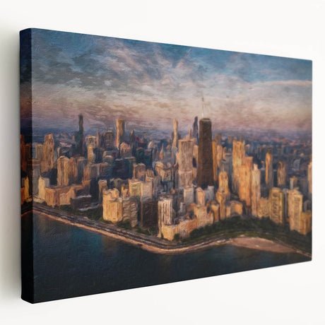 Side view of a large stretched canvas featuring a detailed Chicago skyline in muted blue and gray tones.