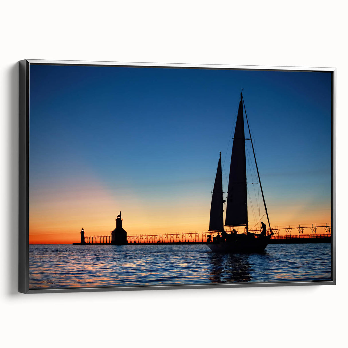 Black and white framed canvas of Lake Michigan landscape, ideal for bedroom wall decor.