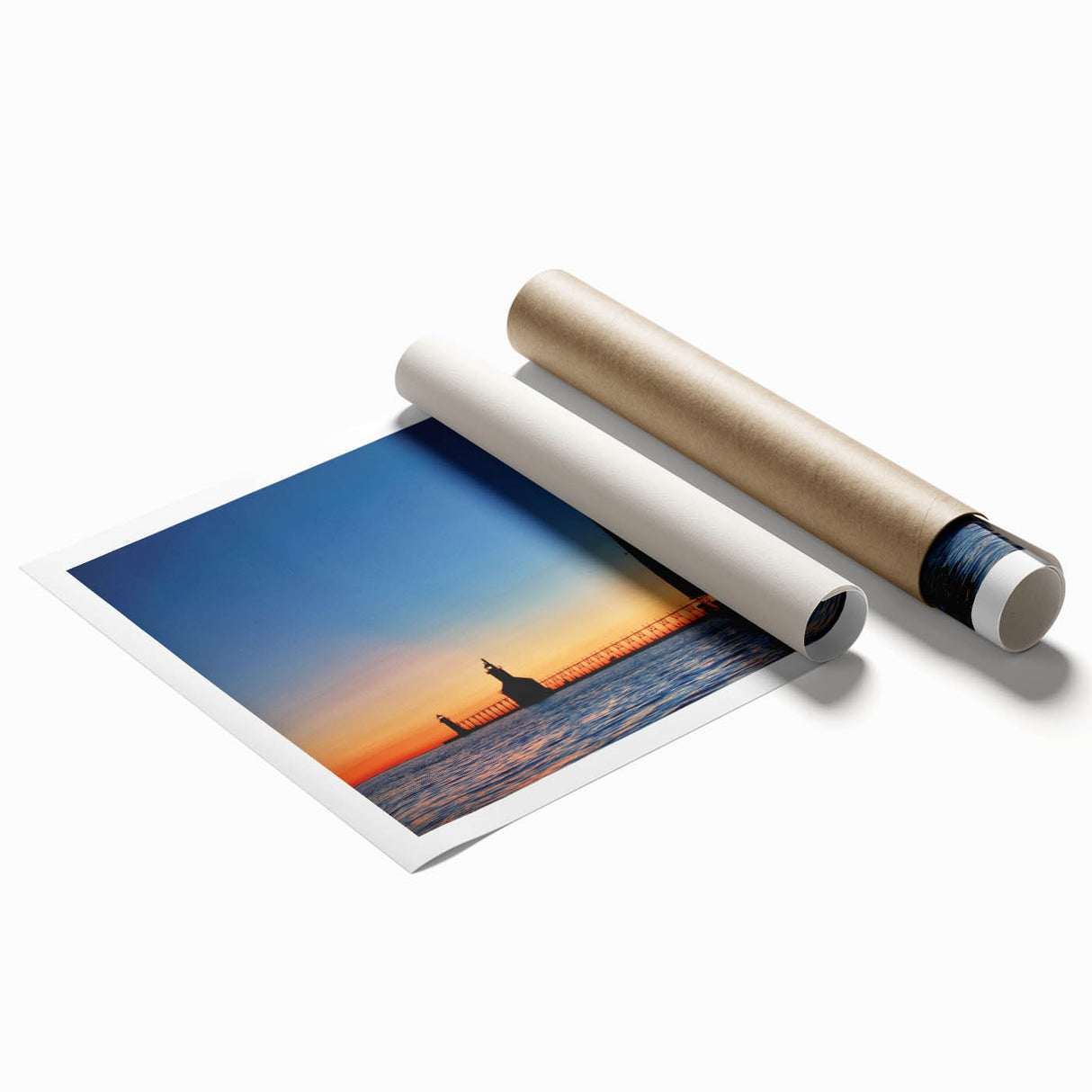 Extra large rolled print of Lake Michigan with floral elements in soft blue tones, suitable for classy bathroom wall art.