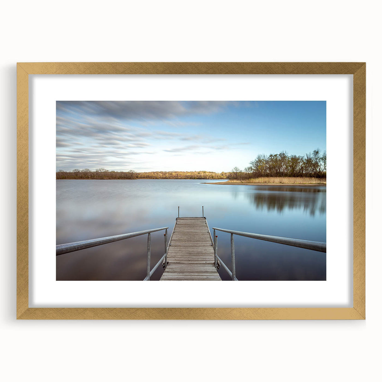 Extra large abstract art print featuring textured scenery of Iowa, in muted earth tones, framed in gold.