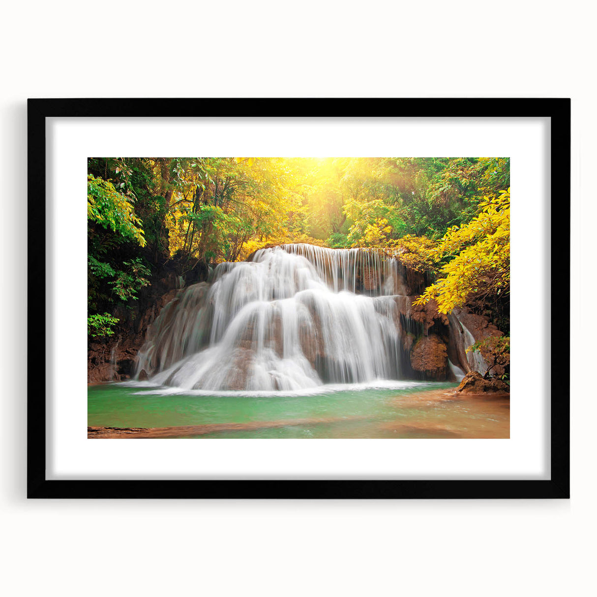 Textured abstract art print of vibrant, colorful scenery, framed in black, ideal for living room decor.