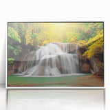 Acrylic print of Kentucky scenery in muted green and blue tones, framed in white, ideal for modern art wall decor.