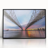 Large abstract wall art depicting a vibrant New Orleans scene in mid-century modernist style on a black framed acrylic.