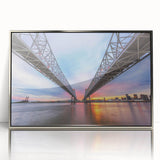 Mid-century modernist art of New Orleans cityscape, in muted pastel hues on a silver-framed acrylic.