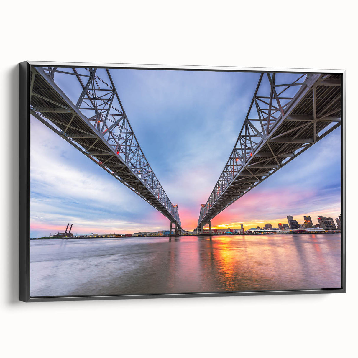 Black and white framed canvas of New Orleans landscape, ideal for bedroom wall decor.