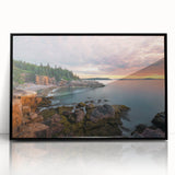 Large abstract wall art depicting Acadia, Maine, with muted earth tones on a framed acrylic.