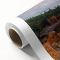 Acadia National Park scene in art deco style on rolled canvas, featuring muted greens and blues, ideal for nursery wall art.
