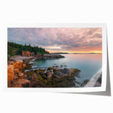 Acadia National Park scenery on rolled print, featuring lush greenery and rocky shores, suitable for art wall dining room.