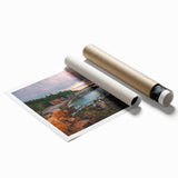 Acadia National Park landscape on rolled canvas, featuring muted earth tones and floral elements.
