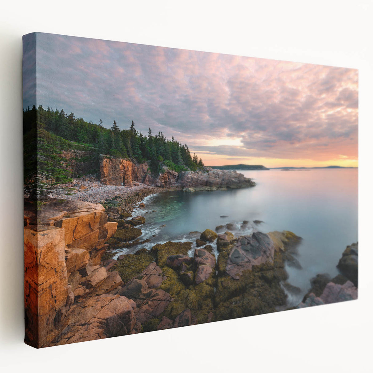 Acadia National Park landscape on large stretched canvas with vivid green and blue tones, suitable for kitchen wall art.