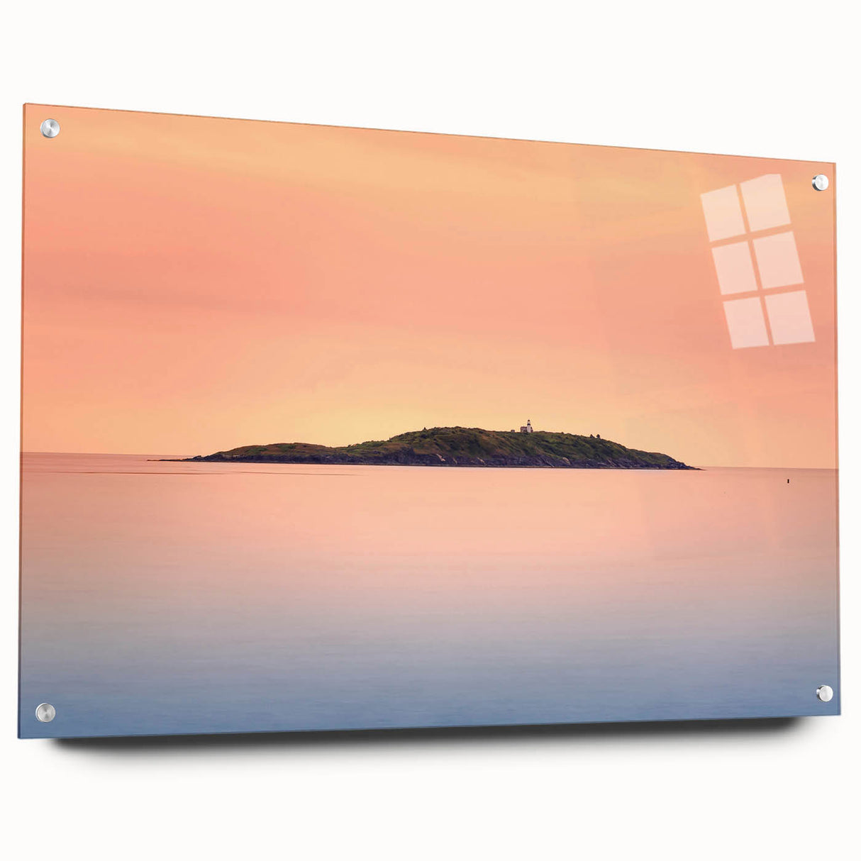 Acrylic print of a Maine scenery in muted blue and green tones, ideal for bedroom or dining room decor.