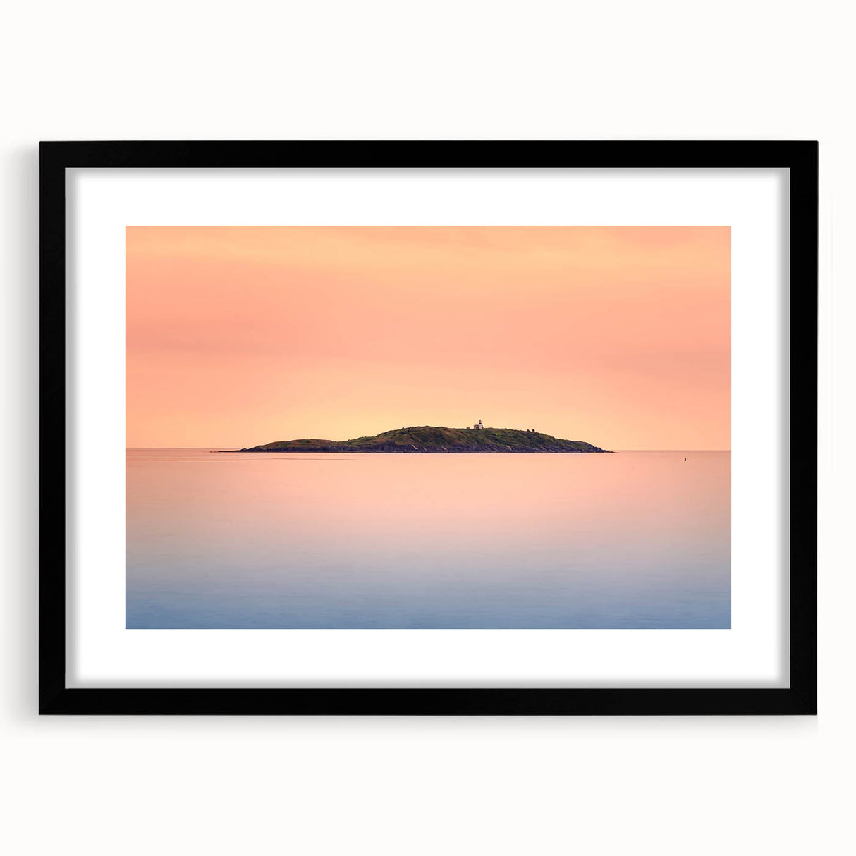 Abstract art print featuring a colorful, textured Maine scenery in a black frame.