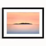 Abstract art print featuring a colorful, textured Maine scenery in a black frame.
