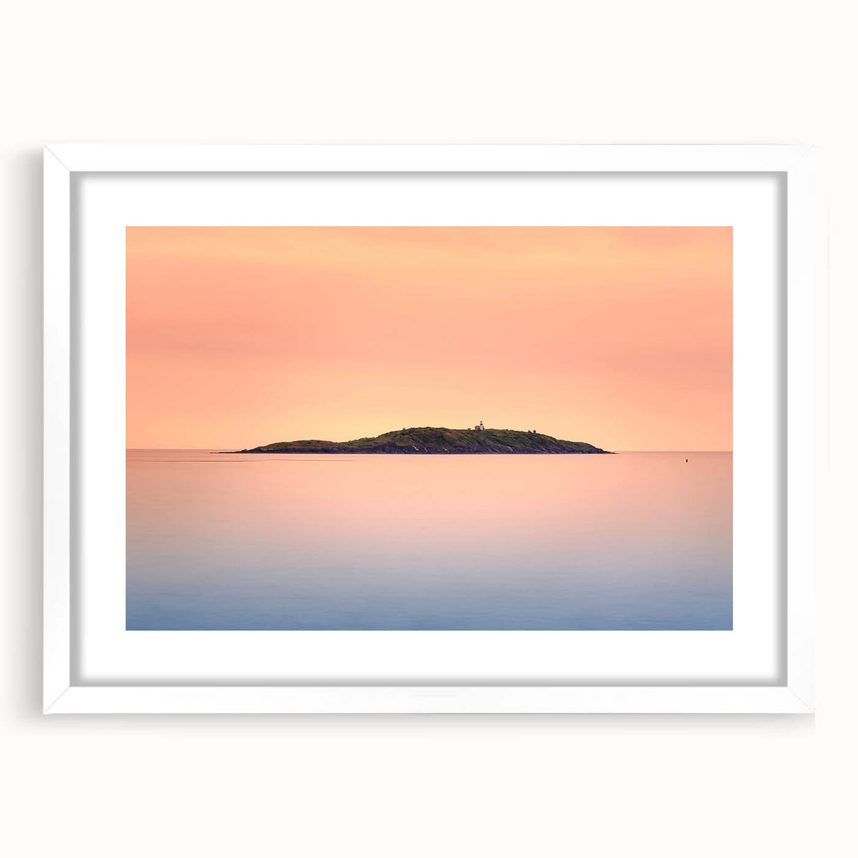 Abstract art print of a serene Maine landscape in soft blue and gray tones on a framed white mat.