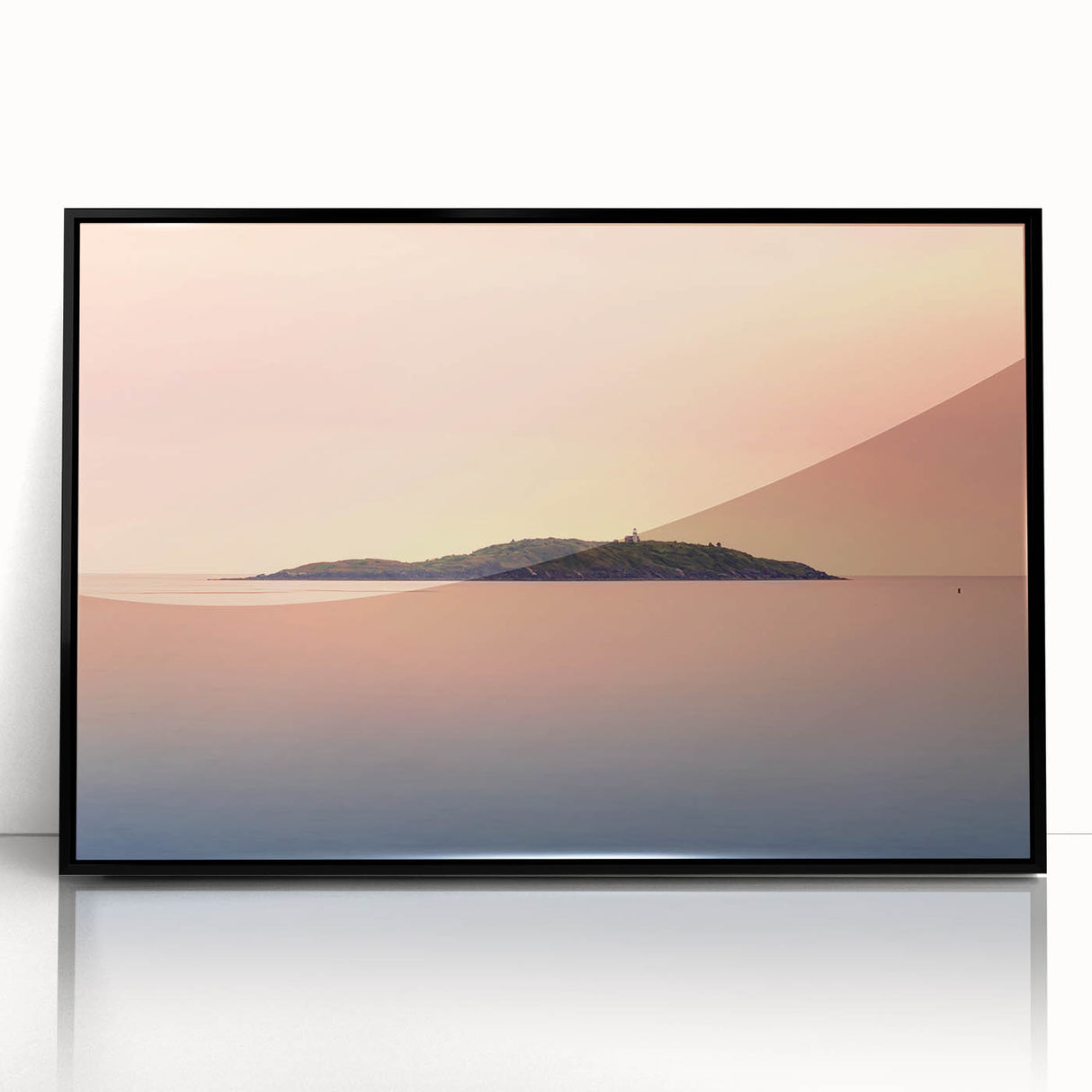 Large abstract wall art depicting a serene Maine landscape in muted blue and green tones, framed in black acrylic.