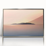 Mid-century modernist art depicting a serene Maine landscape in muted earth tones, framed in silver acrylic.