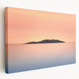 Landscape canvas print depicting a serene Maine coastline in soft blue and gray tones, suitable for kitchen wall art.