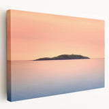 Landscape canvas print depicting a serene Maine coastline in soft blue and gray tones, suitable for kitchen wall art.