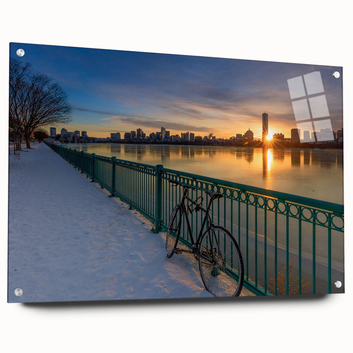 Acrylic print of a large abstract depiction of the Boston skyline in muted blue and gray tones.