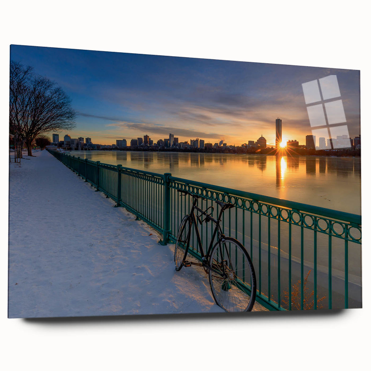 Acrylic print of Boston skyline in muted blue and gray tones, ideal for bedroom or dining room art.