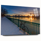 Acrylic print of Boston skyline in muted blue and gray tones, ideal for bedroom or dining room art.
