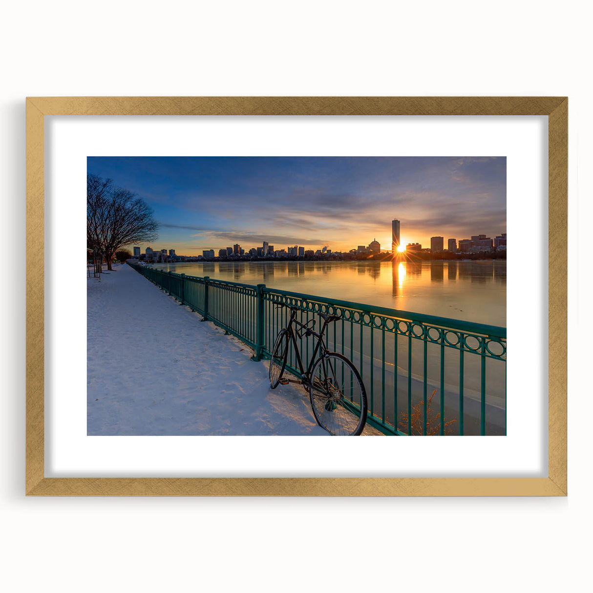 Extra large framed abstract art print of Boston skyline in muted blue and gray tones, ideal for living room decor.