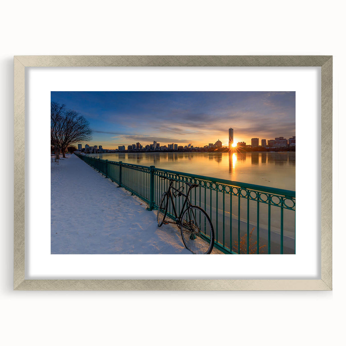 Textured abstract art print of Boston skyline in muted gray and blue tones, framed with a silver mat, ideal for bedroom art.