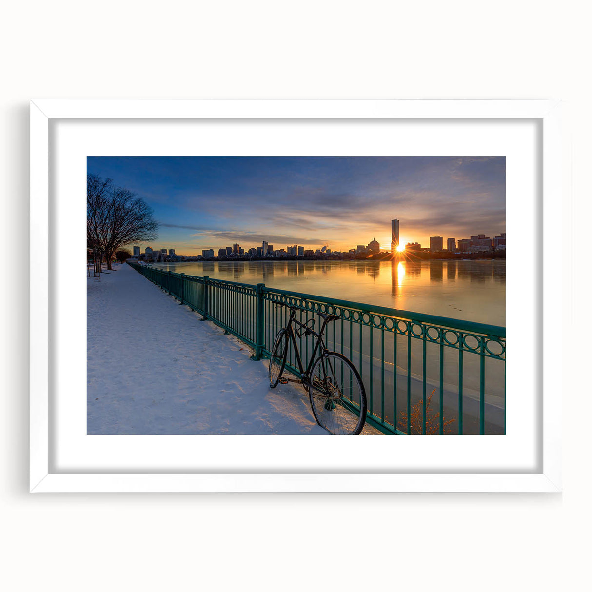 Abstract art print of Boston skyline in muted gray and blue tones on a framed white mat, ideal for dining room decor.