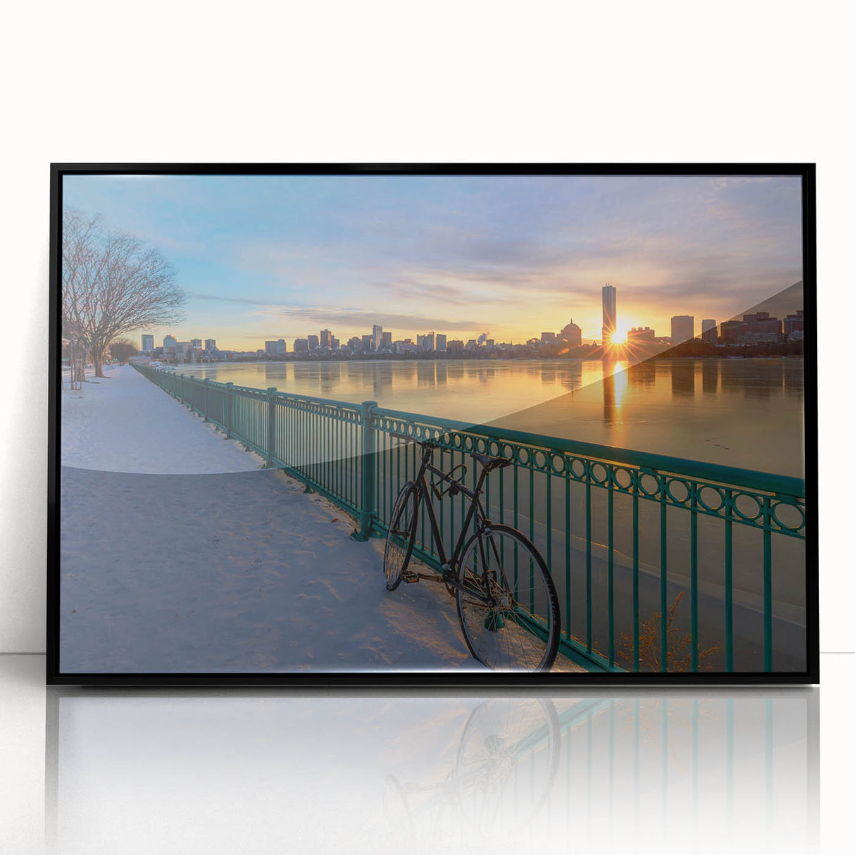 Large abstract wall art featuring a stylized Boston skyline in muted gray tones, acrylic print.