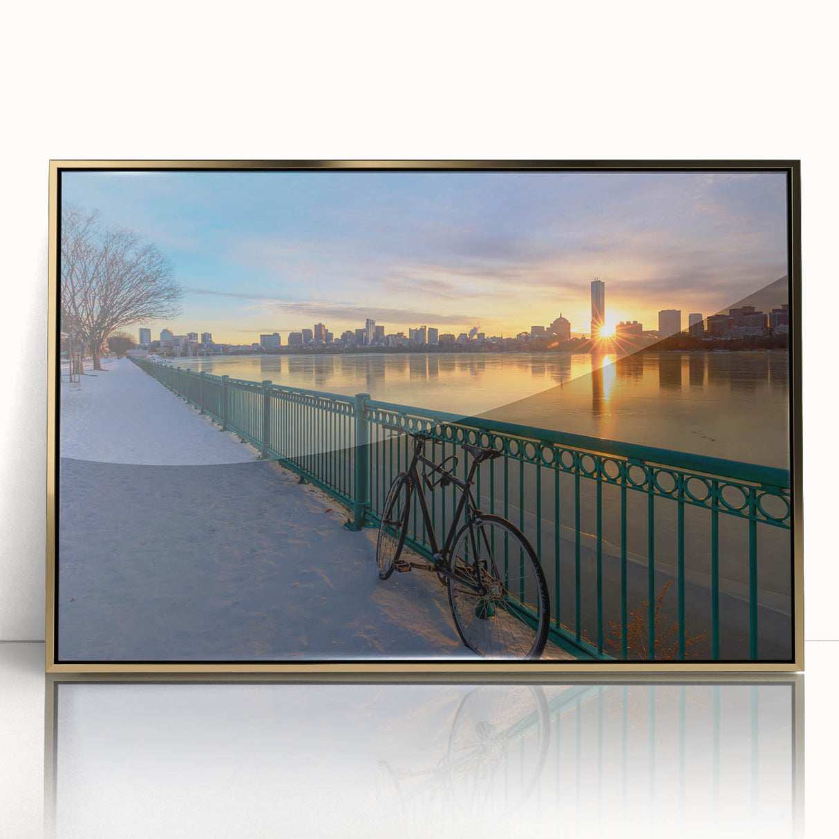 Framed acrylic print of Boston skyline in muted gold and blue tones, ideal for modern art wall decor.