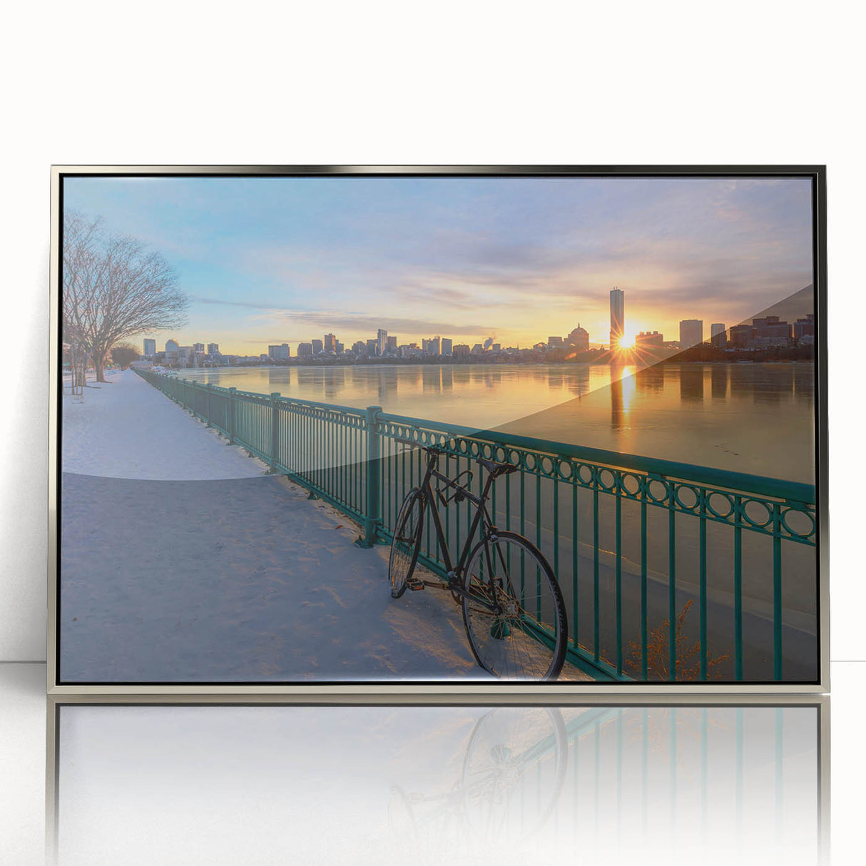 Mid-century modernist art of Boston skyline in silver framed acrylic, with muted blue and gray tones.