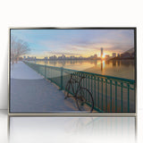 Mid-century modernist art of Boston skyline in silver framed acrylic, with muted blue and gray tones.