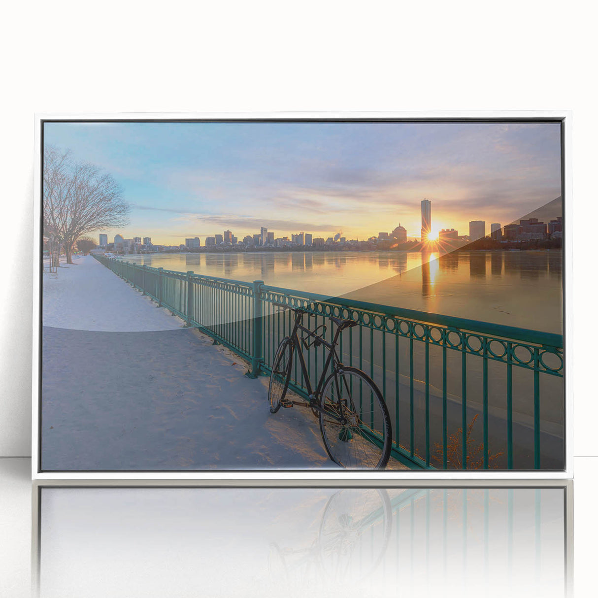 Acrylic print of Boston skyline in art deco style with muted blues and whites, ideal for modern art wall decor.