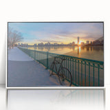 Acrylic print of Boston skyline in art deco style with muted blues and whites, ideal for modern art wall decor.