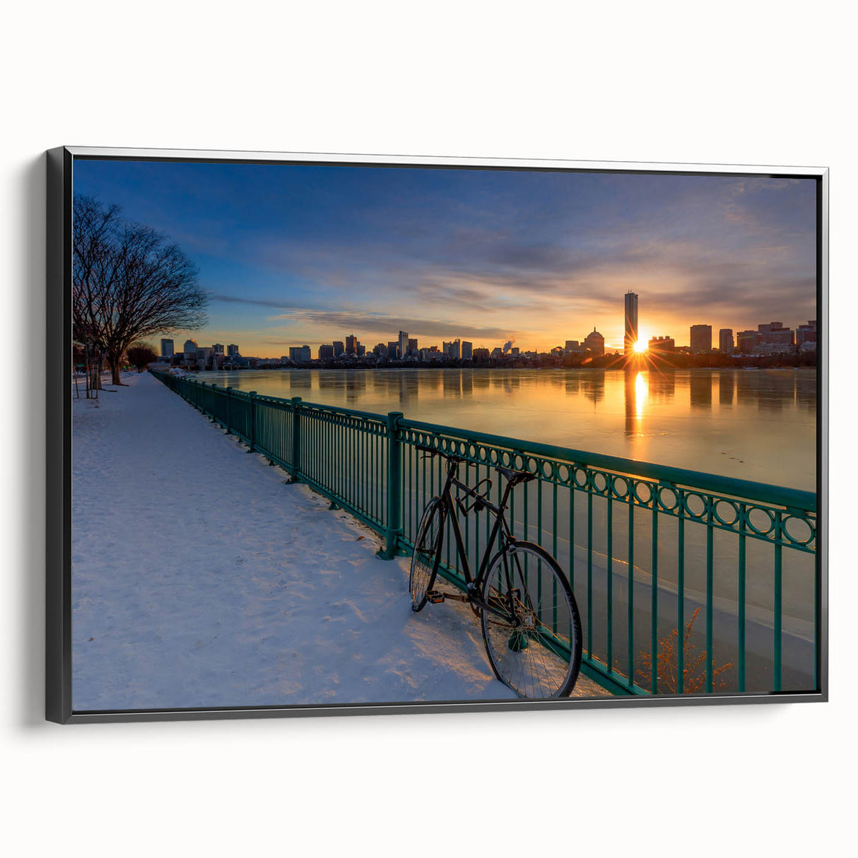 Black and white wall art of Boston skyline on framed canvas, suitable for bedroom decor, featuring a vintage poster style.
