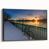 Black and white wall art of Boston skyline on framed canvas, suitable for bedroom decor, featuring a vintage poster style.