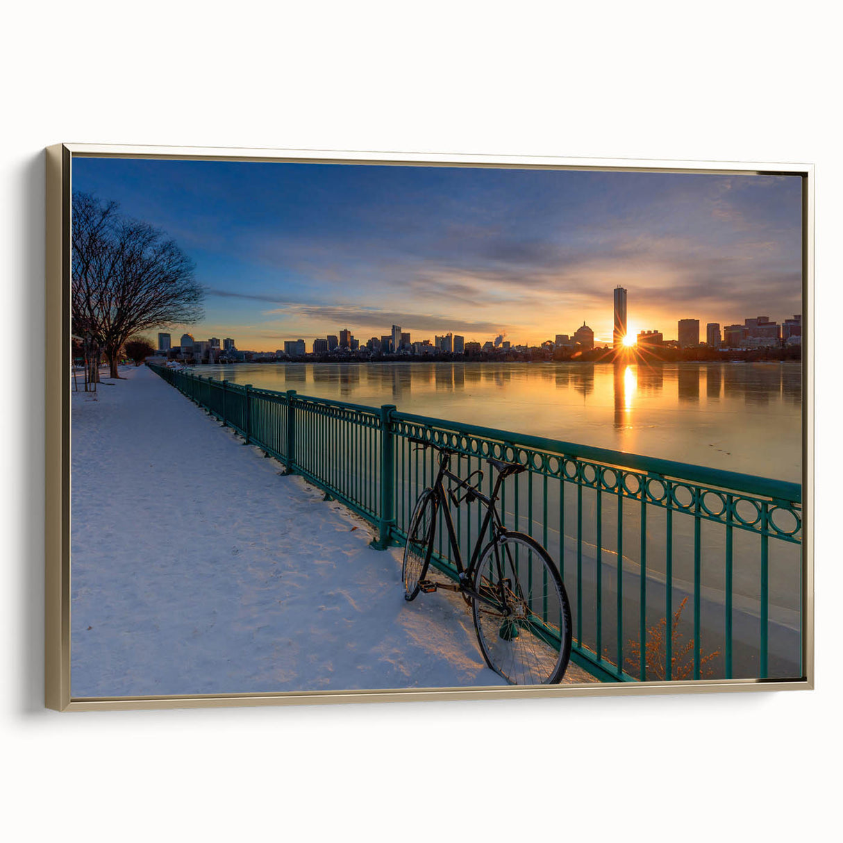 Framed canvas depicting a colorful Boston landscape with vintage poster art style, ideal for office decor.