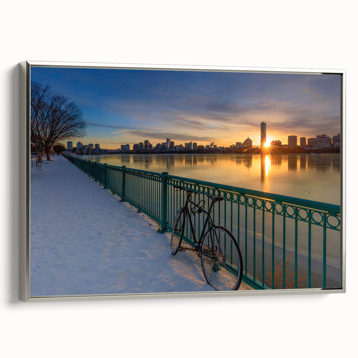 Framed canvas of vintage Boston landscape in black and silver tones, ideal for bedroom wall art.