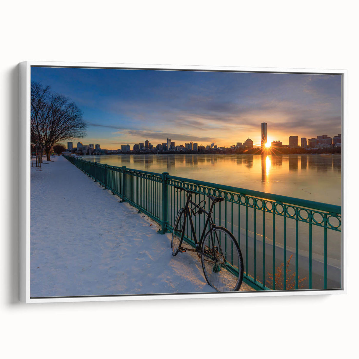 Vintage poster art of Boston skyline in vibrant colors on a large framed canvas, suitable for living room decor.