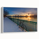 Vintage poster art of Boston skyline in vibrant colors on a large framed canvas, suitable for living room decor.