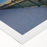 Art deco poster featuring a stylized Boston skyline in muted blue and gray tones on rolled canvas.