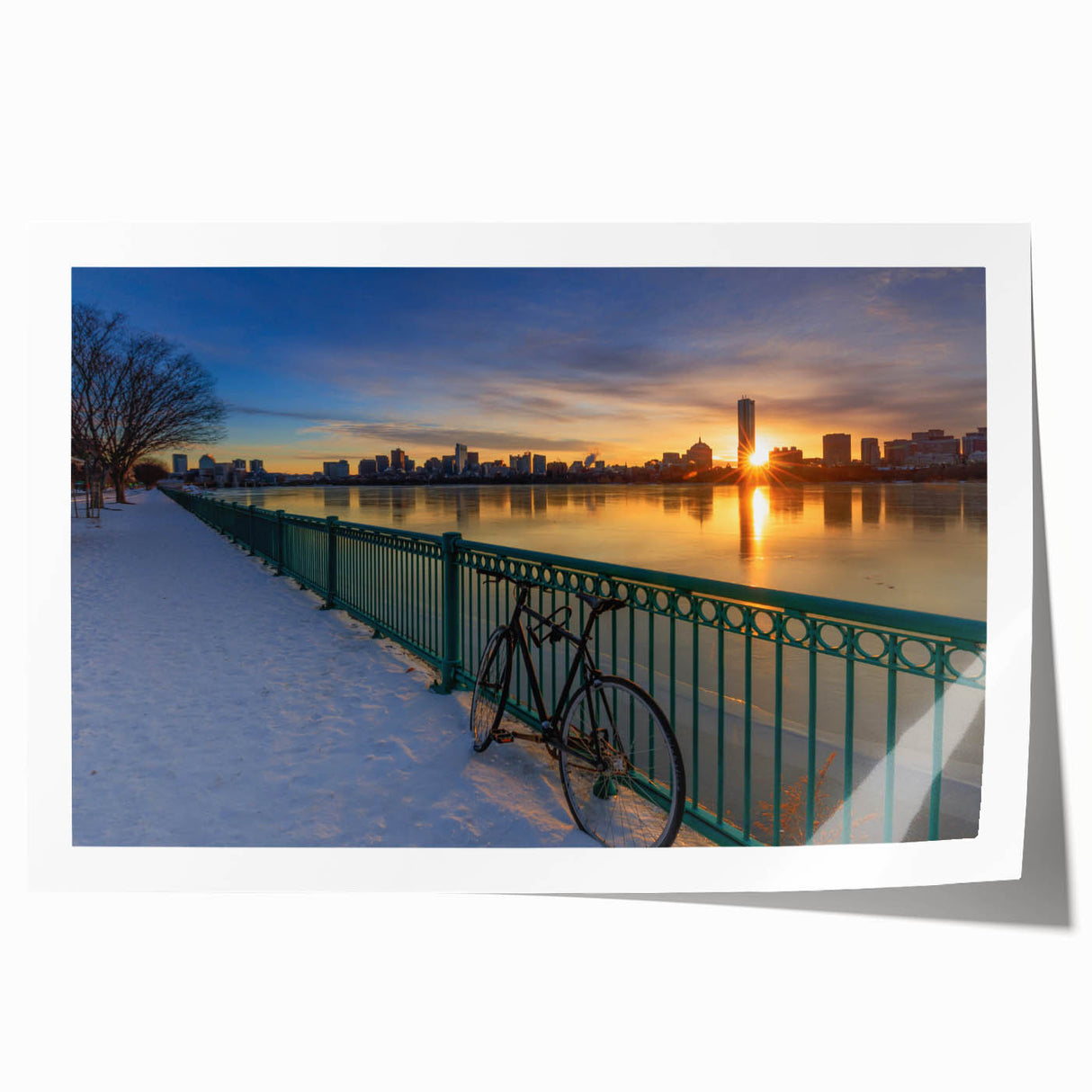 Rolled print of Boston skyline in muted blue and gray tones, ideal for dining room wall art.