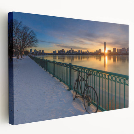 Large canvas print of Boston skyline in muted gray and blue tones, suitable for kitchen wall art.