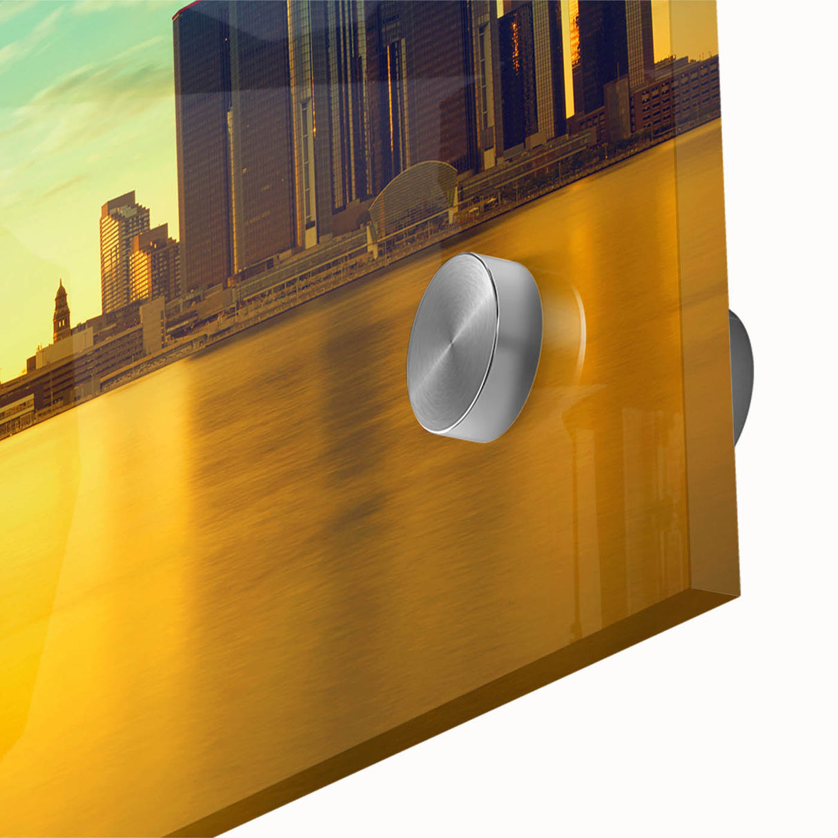 Large abstract wall art depicting Detroit skyline in muted blue and gray tones on acrylic glass.