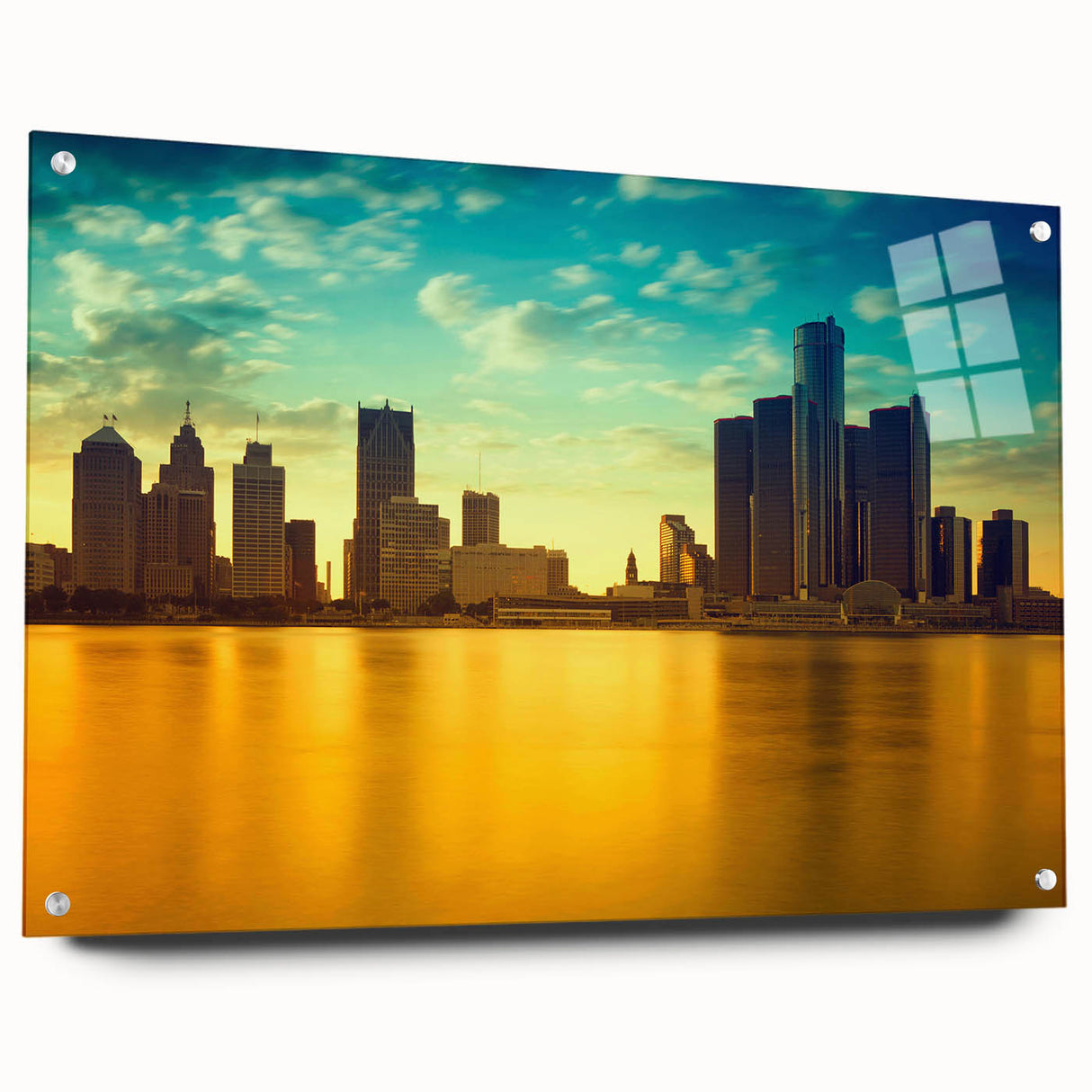 Acrylic print of Detroit skyline in muted gray and blue tones, suitable for dining room decor.