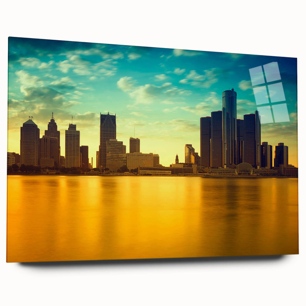 Large abstract wall art depicting the Detroit skyline in muted gray and blue tones, printed on acrylic glass.