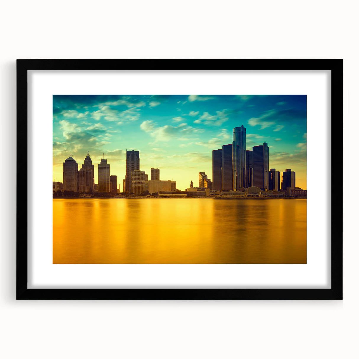 Abstract art print of Detroit skyline in vibrant, colorful hues on a large framed canvas, ideal for living room decor.