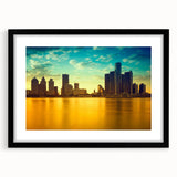 Abstract art print of Detroit skyline in vibrant, colorful hues on a large framed canvas, ideal for living room decor.